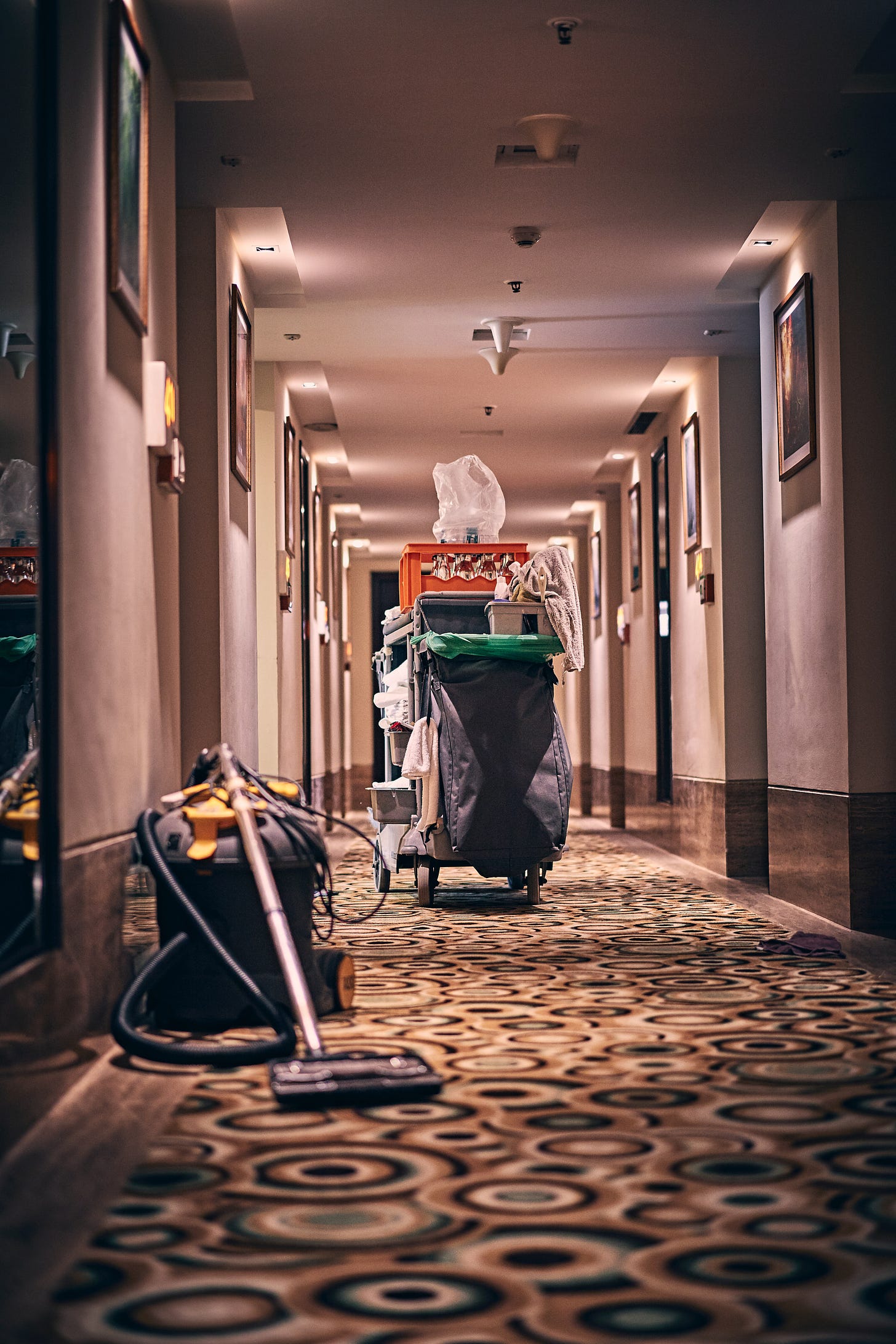 A cleaning trolley and vaccum in the hallway of a hotel. A cleaning trolley and vaccum in the hallway of a hotel.