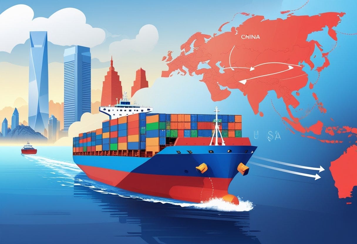 A cargo ship carrying containers sailing across the ocean between stylized maps of China and the USA with arrows indicating shipping direction. A cargo ship carrying containers sailing across the ocean between stylized maps of China and the USA with arrows indicating shipping direction.