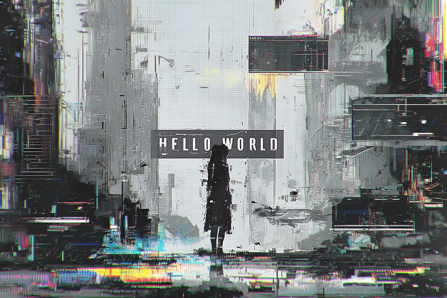 A monochrome glitch-art scene of a silhouetted figure standing in a decaying urban interface. The words “HELLO WORLD” appear on a rectangular display above. SMPTE-style color bars bleed through glitching architectural fragments.