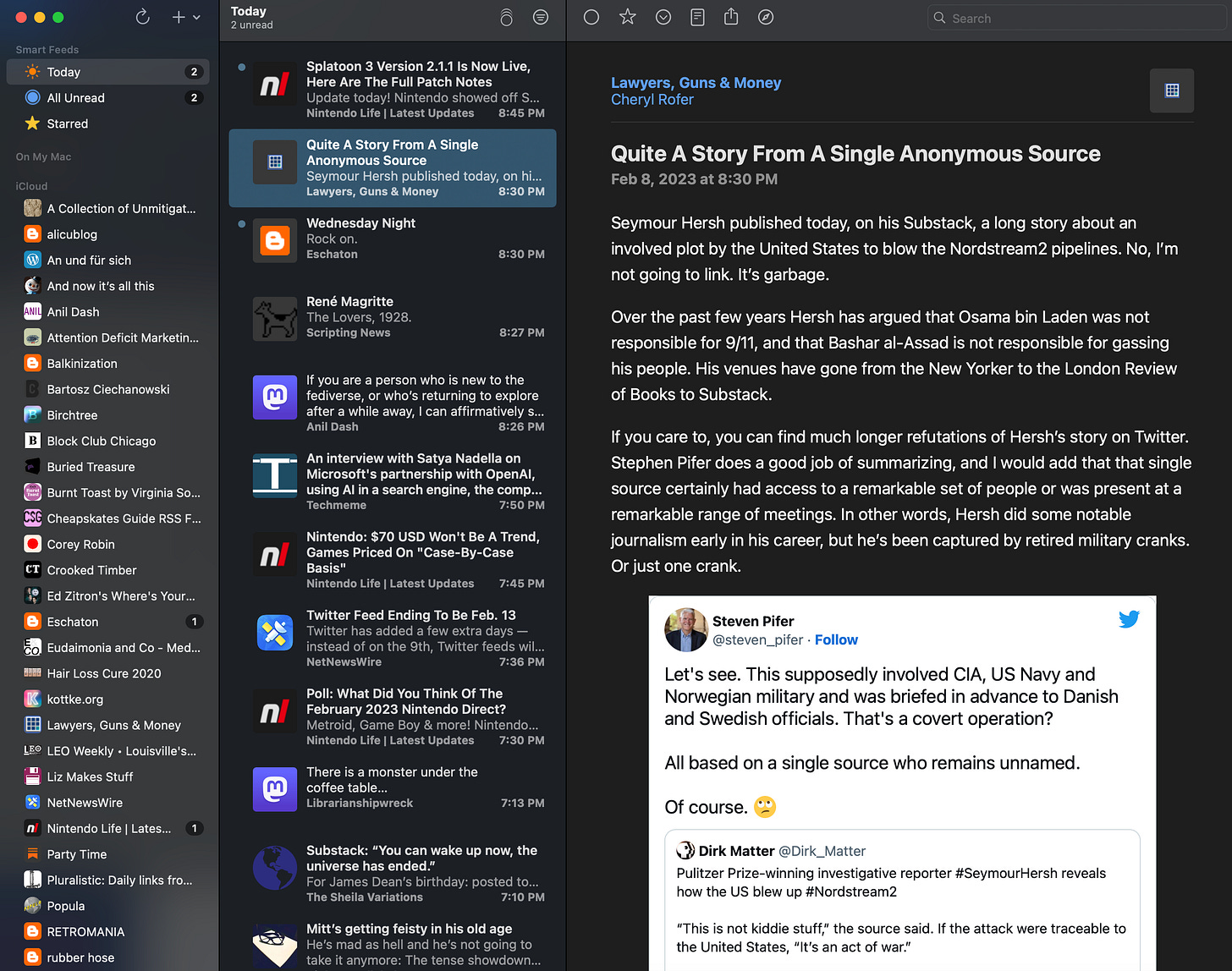 A screenshot of the macOS application NetNewsWire, showing RSS feeds.