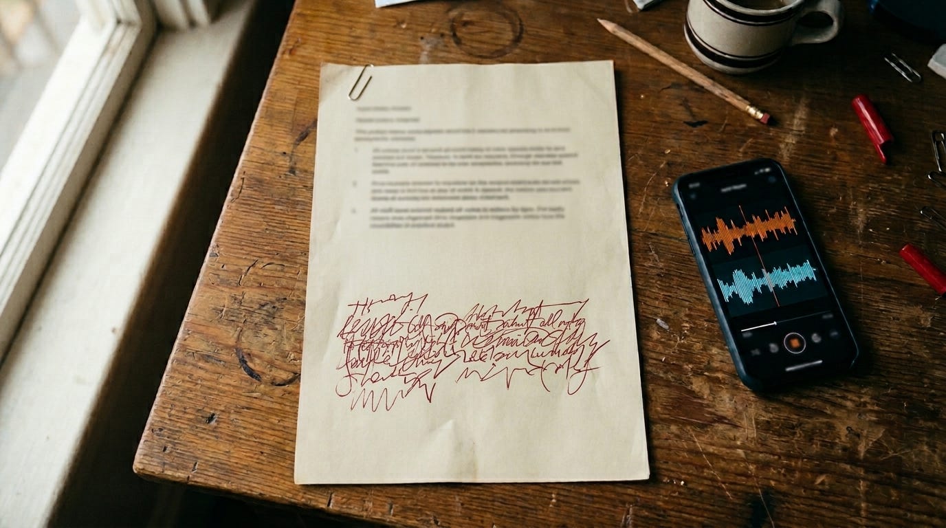 A typed one-page policy memo lies on a scuffed wooden desk beside a window. Its three numbered points are too blurred to read. Below them, a fourth entry has been added by hand in red ink: several lines of dense, illegible scrawl that stop abruptly. To the right, a smartphone displays an audio app with two waveforms, one orange and one blue, representing two voices. A pencil, a coffee mug and paper clips sit at the edge of the frame. Image generated with AI. A typed one-page policy memo lies on a scuffed wooden desk beside a window. Its three numbered points are too blurred to read. Below them, a fourth entry has been added by hand in red ink: several lines of dense, illegible scrawl that stop abruptly. To the right, a smartphone displays an audio app with two waveforms, one orange and one blue, representing two voices. A pencil, a coffee mug and paper clips sit at the edge of the frame. Image generated with AI.
