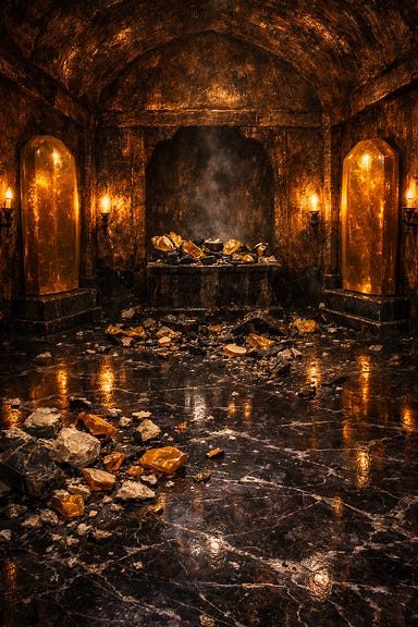 Amber Temple sarcophagus room, purplish‑black marble floor veined with silver, amber‑glazed walls glowing like fossilized fire, two intact amber sarcophagi humming with latent power, third sarcophagus shattered in northern alcove with amber shards scattered like broken teeth, scorched pedestal, cold oppressive Barovian Gothic atmosphere Amber Temple sarcophagus room, purplish‑black marble floor veined with silver, amber‑glazed walls glowing like fossilized fire, two intact amber sarcophagi humming with latent power, third sarcophagus shattered in northern alcove with amber shards scattered like broken teeth, scorched pedestal, cold oppressive Barovian Gothic atmosphere