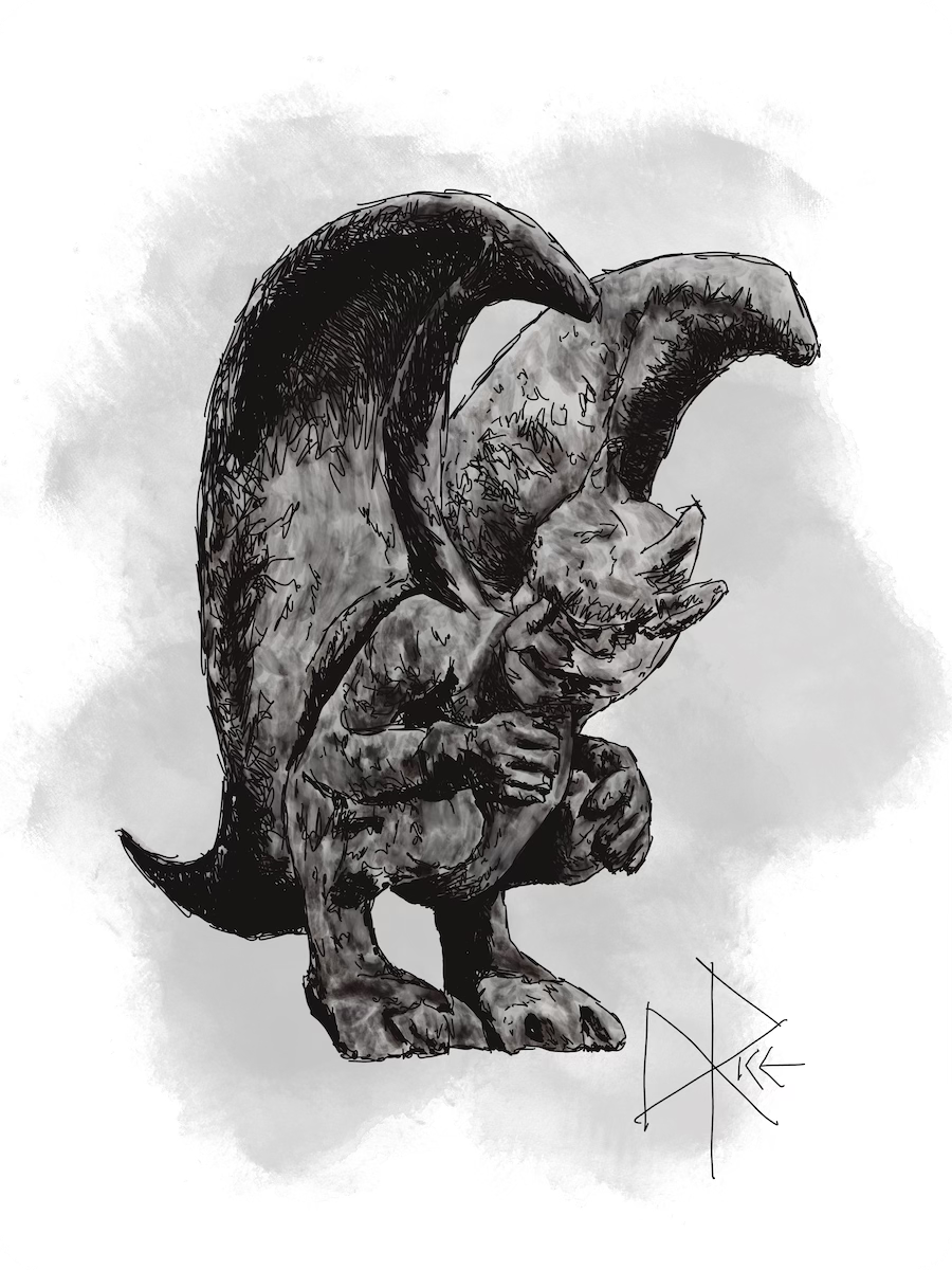 A gargoyle patiently defends the exterior of a Haunted Mansion. Sketch art by Don Rice.
