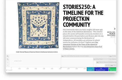 Screenshots from Stories250 project components included the website, live-streamed events, interactive timeline and map. All are accessible from Projectkin.org/stories250.