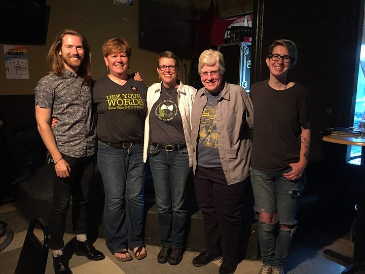 Photo of my signing books and Ward from Chop Suey Books holding a book; Me at mic reading; Me reading; In group of five writers in Queer Voices event.