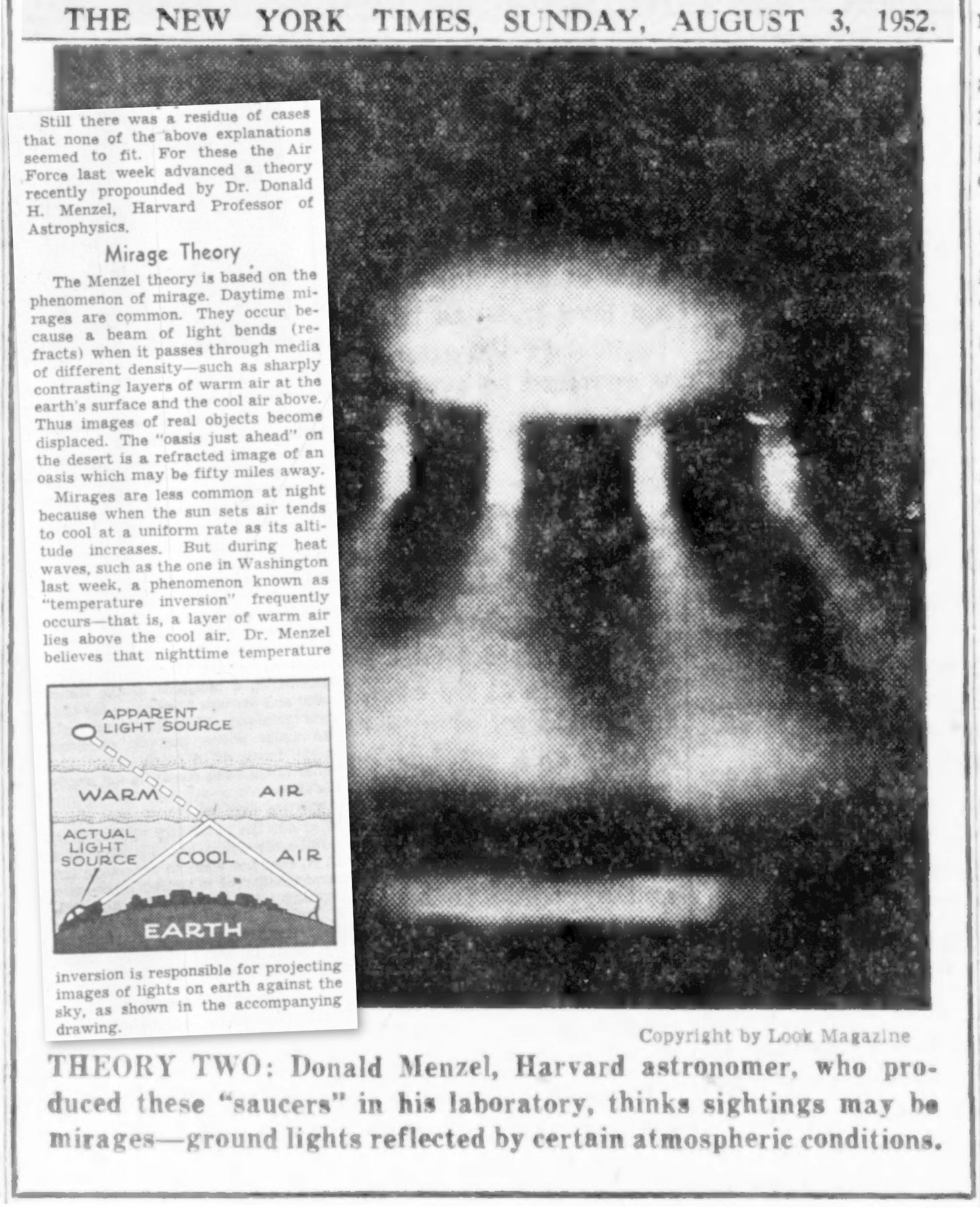 More press for Menzel’s aerial mirage debunk, this time in the New York Times, Sunday 3 August 1952 Edition. More press for Menzel’s aerial mirage debunk, this time in the New York Times, Sunday 3 August 1952 Edition.