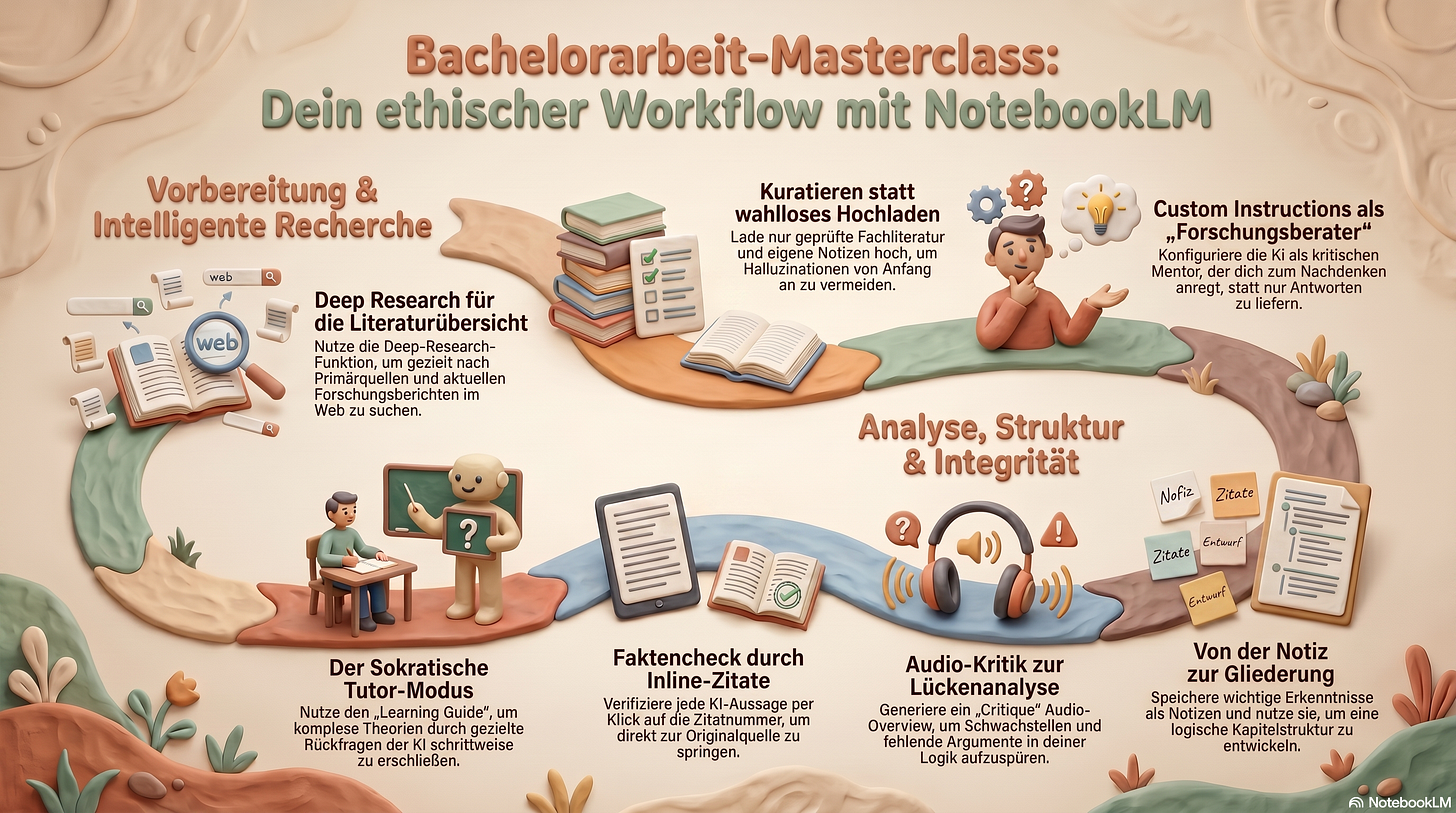 Zwei untereinander angeordnete Ergebnisse. Oben ein schlichter Audio-Player mit Play-Button und einer Restlaufzeit von 6:40. Darunter eine farbige Infografik im Knet- bzw. Tonfiguren-Stil mit dem Titel „Bachelorarbeit-Masterclass: Dein ethischer Workflow mit NotebookLM“. Sie zeigt einen geschwungenen Pfad mit Stationen wie „Deep Research für die Literaturübersicht“, „Kuratieren statt wahlloses Hochladen“, „Custom Instructions als Forschungsberater“, „Sokratischer Tutor-Modus“, „Faktencheck durch Inline-Zitate“, „Audio-Kritik zur Lückenanalyse“ und „Von der Notiz zur Gliederung“, illustriert mit kleinen modellierten Figuren, Büchern und Symbolen. Zwei untereinander angeordnete Ergebnisse. Oben ein schlichter Audio-Player mit Play-Button und einer Restlaufzeit von 6:40. Darunter eine farbige Infografik im Knet- bzw. Tonfiguren-Stil mit dem Titel „Bachelorarbeit-Masterclass: Dein ethischer Workflow mit NotebookLM“. Sie zeigt einen geschwungenen Pfad mit Stationen wie „Deep Research für die Literaturübersicht“, „Kuratieren statt wahlloses Hochladen“, „Custom Instructions als Forschungsberater“, „Sokratischer Tutor-Modus“, „Faktencheck durch Inline-Zitate“, „Audio-Kritik zur Lückenanalyse“ und „Von der Notiz zur Gliederung“, illustriert mit kleinen modellierten Figuren, Büchern und Symbolen.