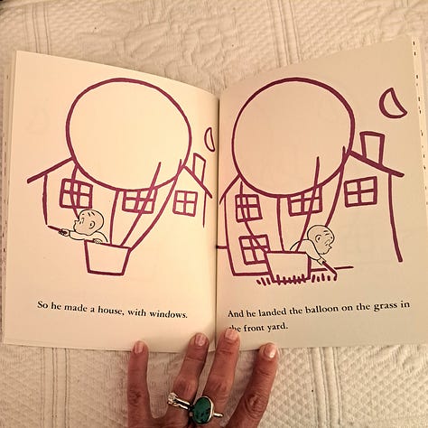 book cover and two images of two-page spreads against a white bedspread