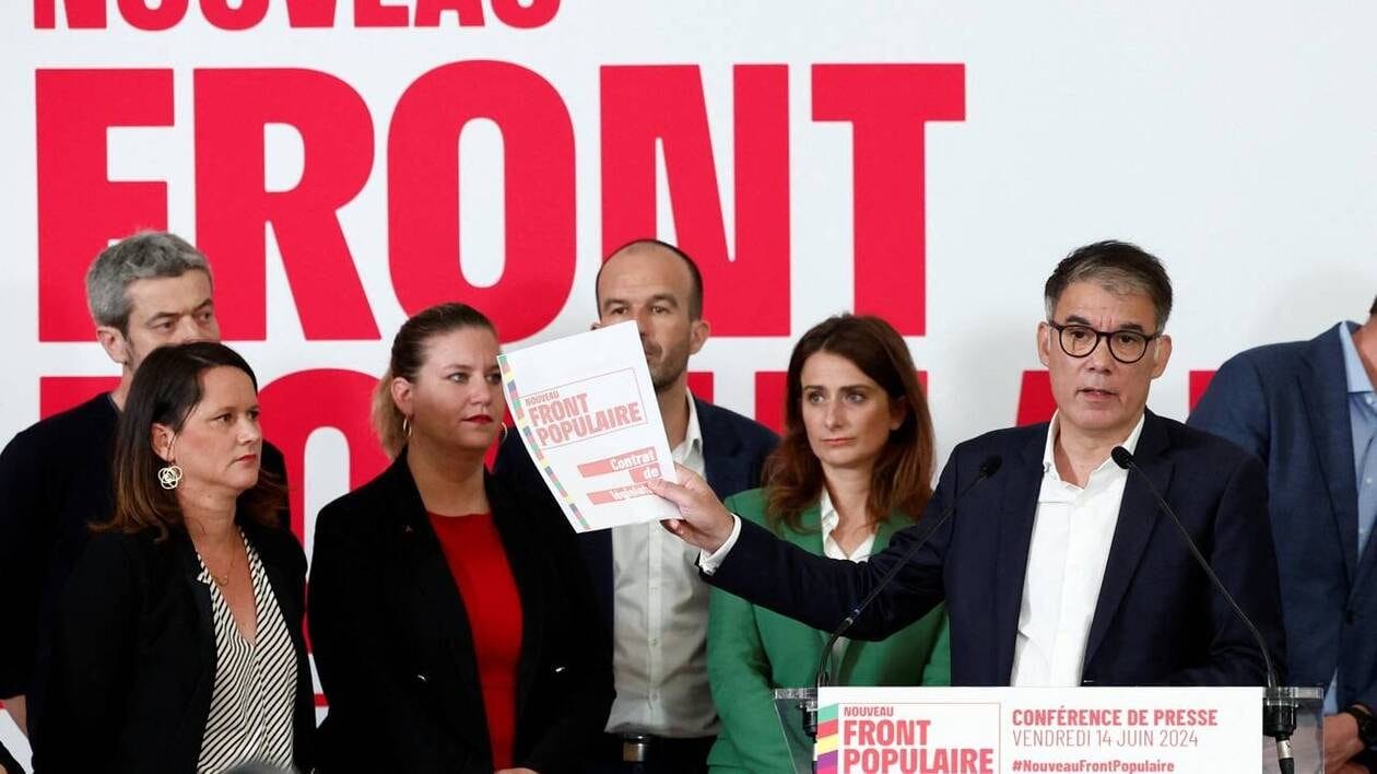 Les représentants des principaux partis du Nouveau Front populaire, réunis ce vendredi 14 juin 2024, pour la présentation de leur programme. Les représentants des principaux partis du Nouveau Front populaire, réunis ce vendredi 14 juin 2024, pour la présentation de leur programme.