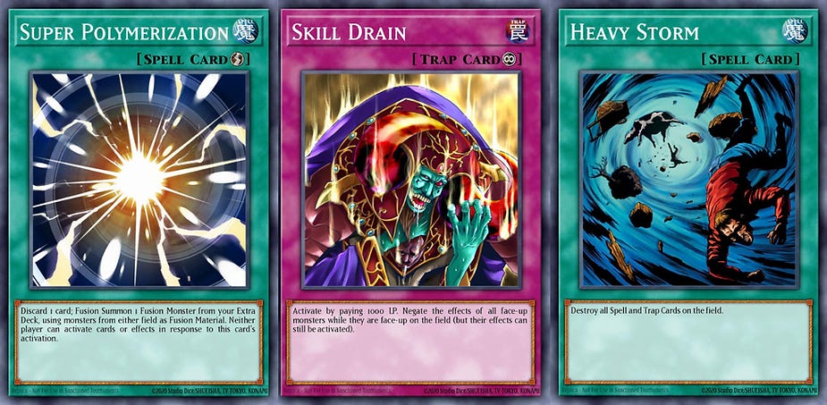 Three colorful Yu-Gi-Oh! cards: Super Polymerization, Skill Drain, Heavy Storm. Featuring dynamic illustrations and spell/trap effects.