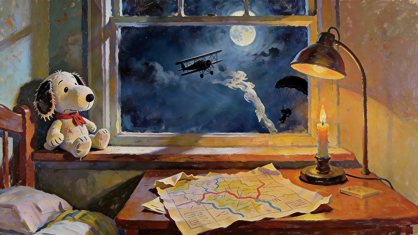 A nocturnal oil painting with chiaroscuro lighting, depicting a child's bedroom at night. A worn Snoopy plush toy with a red scarf sits on a windowsill, expression downcast, watching through the window as a WWI biplane flies through a moonlit sky trailing smoke. To the right of the window, a small silhouetted figure — Snoopy, having bailed out — descends beneath a parachute. On the desk below, a hand-drawn map is spread open in the warm glow of a candle and a brass desk lamp. A nocturnal oil painting with chiaroscuro lighting, depicting a child's bedroom at night. A worn Snoopy plush toy with a red scarf sits on a windowsill, expression downcast, watching through the window as a WWI biplane flies through a moonlit sky trailing smoke. To the right of the window, a small silhouetted figure — Snoopy, having bailed out — descends beneath a parachute. On the desk below, a hand-drawn map is spread open in the warm glow of a candle and a brass desk lamp.