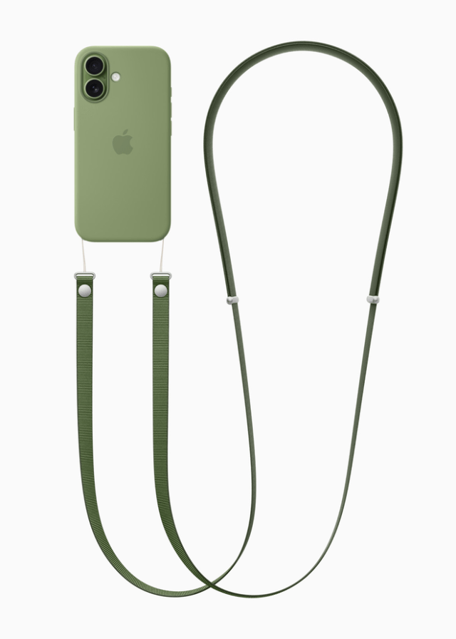 The beautiful and effortless Crossbody Strap can be paired with the Silicone Case with MagSafe to wear iPhone 17 hands-free.
