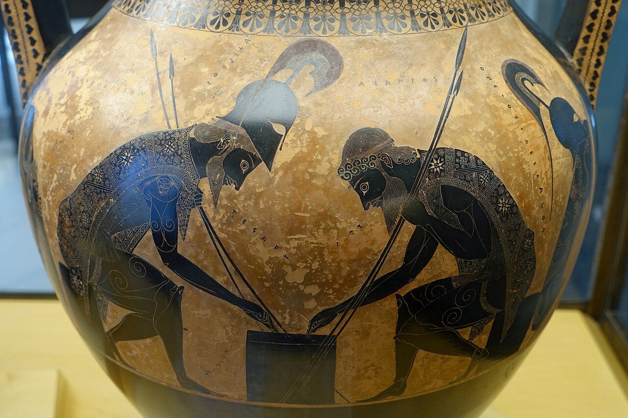 Detail of a black figure amphora showing Achilles and Ajax bent over a small table playing dice, signed by Exekias, 540 to 530 BC, Vatican Museums Detail of a black figure amphora showing Achilles and Ajax bent over a small table playing dice, signed by Exekias, 540 to 530 BC, Vatican Museums
