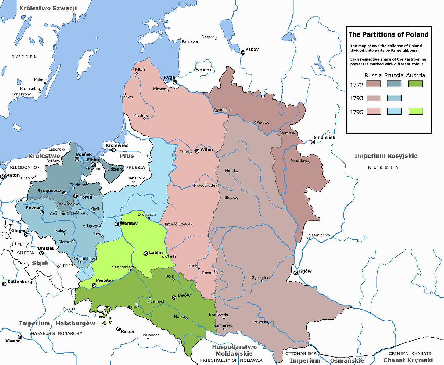 Partitions of the Polish-Lithuanian Commonwealth, taken from https://en.wikipedia.org/wiki/Kingdom_of_Prussia#/media/File:Rzeczpospolita_Rozbiory_3.png