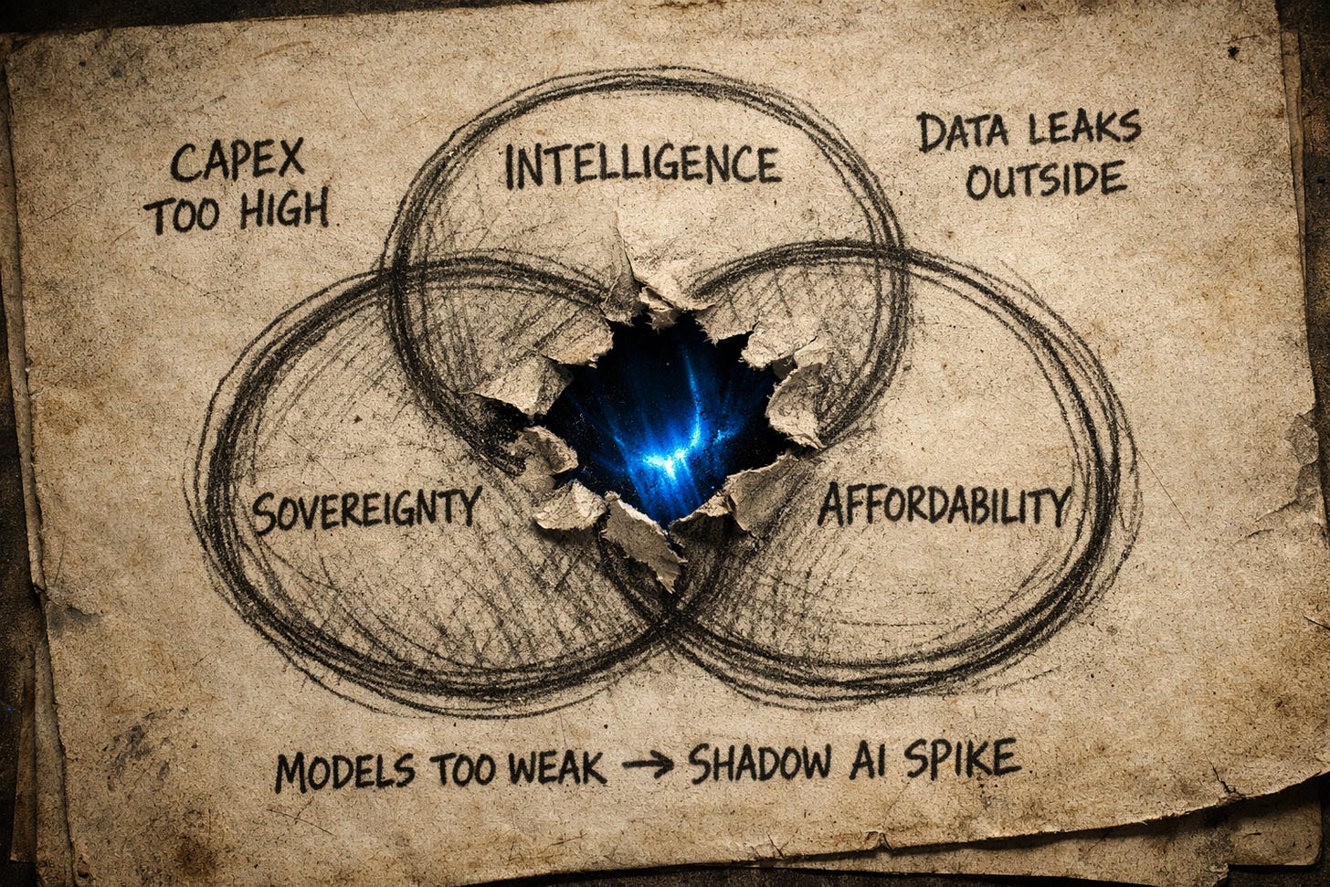Hand-drawn Venn diagram with three overlapping circles labeled "Intelligence," "Sovereignty," and "Affordability" on weathered charcoal paper. Text annotations outside each two-circle intersection read "CAPEX TOO HIGH," "DATA LEAKS OUTSIDE," and "MODELS TOO WEAK → SHADOW AI SPIKE." The central intersection is violently torn away, revealing a dark void with electric blue light glowing from within. Hand-drawn Venn diagram with three overlapping circles labeled "Intelligence," "Sovereignty," and "Affordability" on weathered charcoal paper. Text annotations outside each two-circle intersection read "CAPEX TOO HIGH," "DATA LEAKS OUTSIDE," and "MODELS TOO WEAK → SHADOW AI SPIKE." The central intersection is violently torn away, revealing a dark void with electric blue light glowing from within.