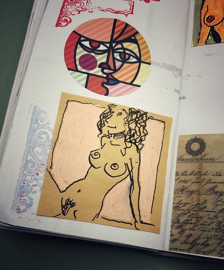 A split image displaying two close-up views. The left panel shows an open page of an artist's scrapbook featuring a detailed ink sketch on a pinkish paper slip of a reclining female figure. The right panel is an extreme close-up of the textured paper, emphasizing the fine ink line work and brush strokes on the sketch's background.