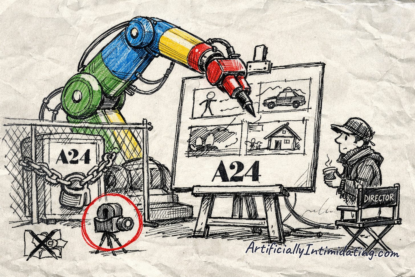 Editorial cartoon: a Google four-color robotic arm sketches a storyboard on an A24 easel while a wary director watches and a locked A24 film vault sits behind a fence