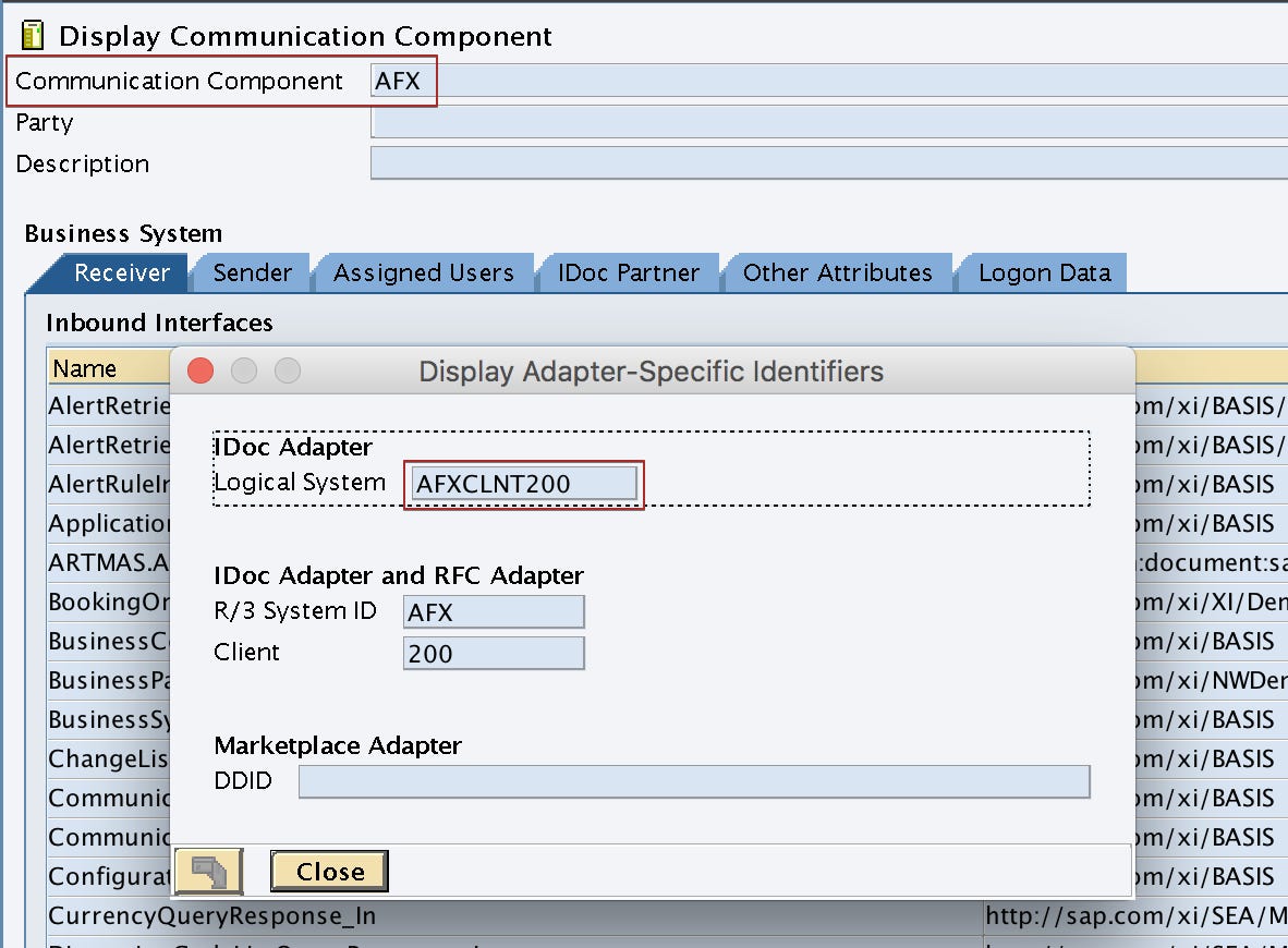 Logical System name of the receiver SAP Business System "AFX" under Adapter Specific Message Attributes (ASMA) 