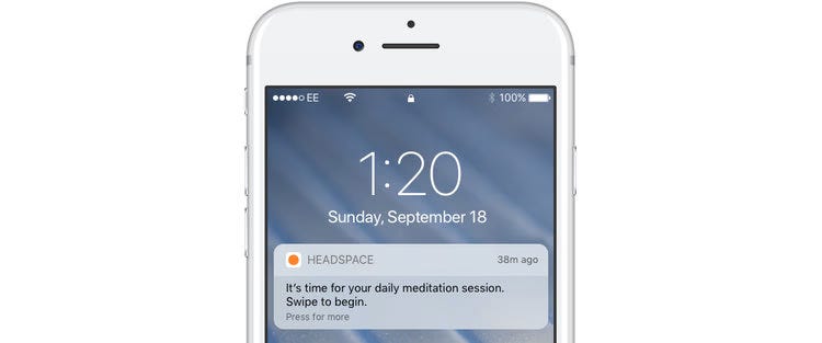 Headspace push notification on iPhone reminding user to meditate, showing contextual messaging for retention. Headspace push notification on iPhone reminding user to meditate, showing contextual messaging for retention.