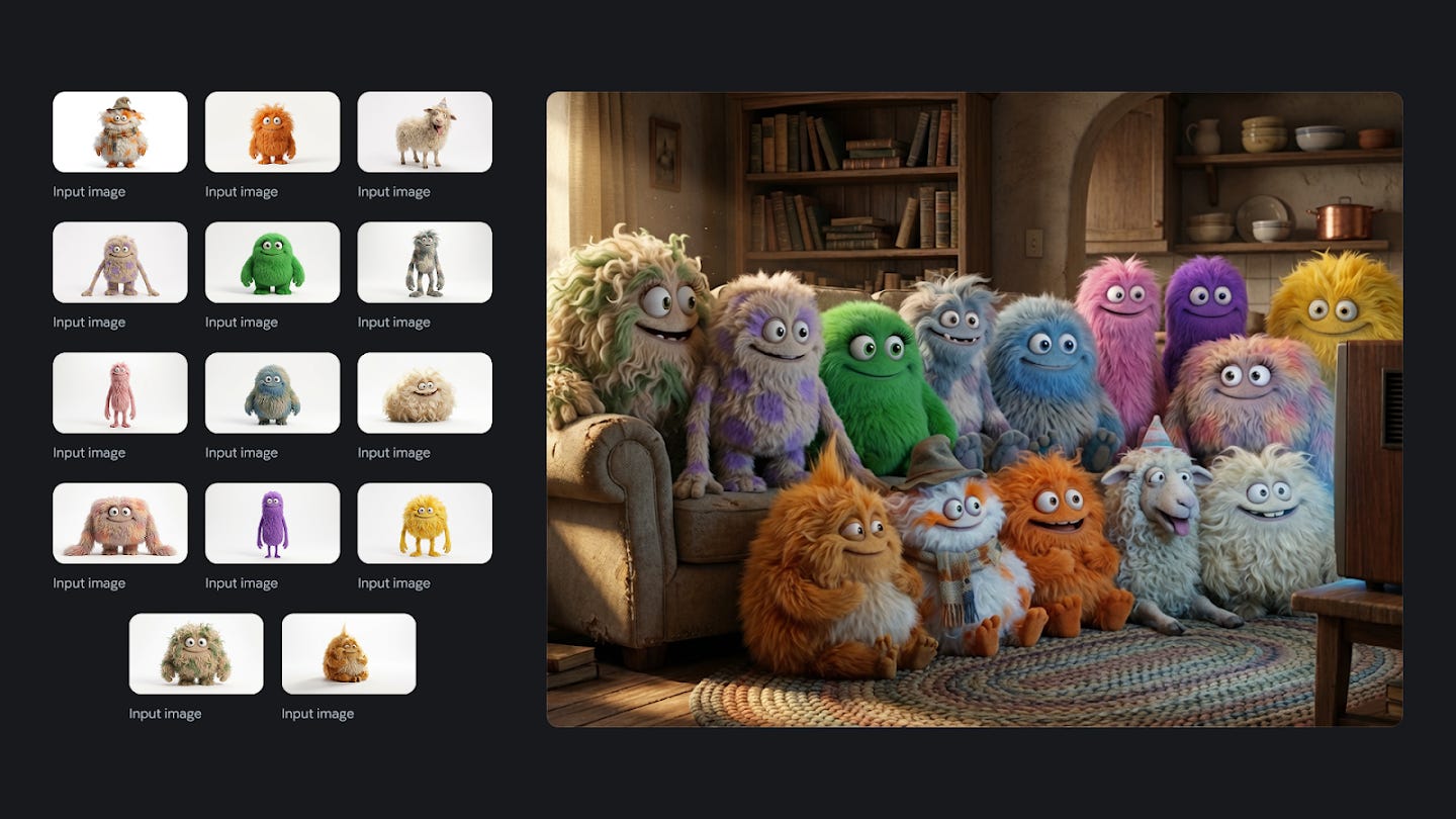 A split-screen graphic demonstrating image generation. On the left is a grid of 14 small 'input images' showing individual 3D furry monsters of various colors and one sheep against white backgrounds. On the right is a large, cohesive scene showing all these characters sitting together on a couch and floor in a cozy, dimly lit living room, watching a television. A split-screen graphic demonstrating image generation. On the left is a grid of 14 small 'input images' showing individual 3D furry monsters of various colors and one sheep against white backgrounds. On the right is a large, cohesive scene showing all these characters sitting together on a couch and floor in a cozy, dimly lit living room, watching a television.