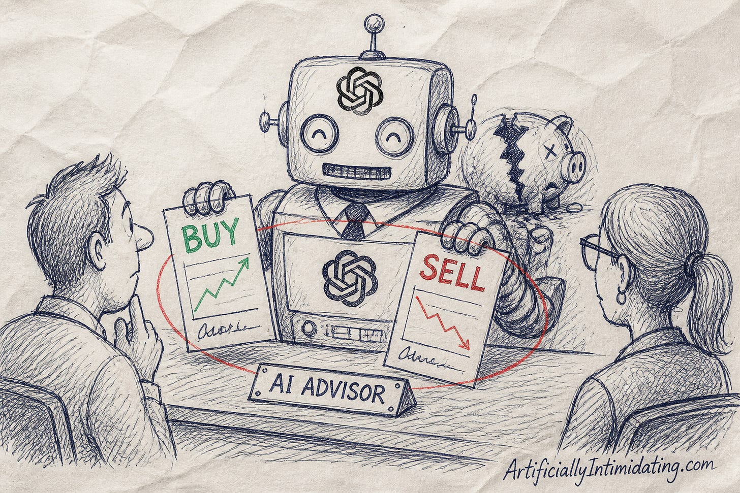 Cartoon: a robot AI advisor hands two identical clients opposite BUY and SELL slips while hiding a cracked piggy bank.