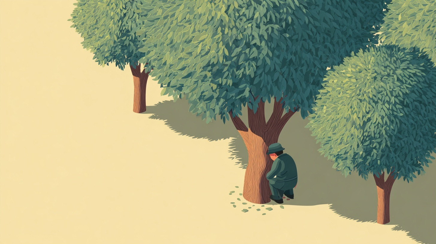 Illustration of a person sitting against a tree trunk in a peaceful grove, surrounded by several trees with full green canopies casting dappled shadows on sandy ground.