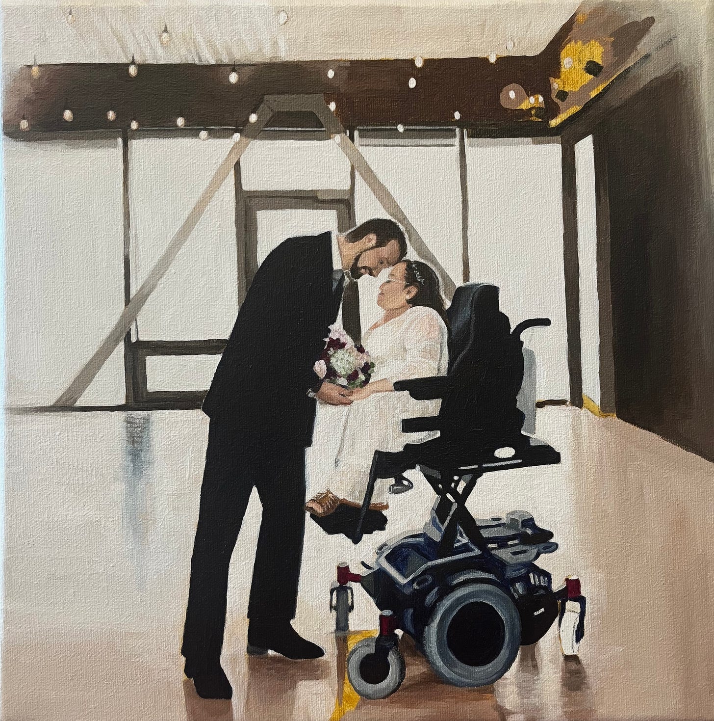 Unfinished painting of Athena and her husband on thier wedding day. Stefan wears a dark suit and leans down slightly to touch foreheads with Athena. She wears her a lace white wedding dress and the seat of her wheelchair is elevated so that she is closer to eye level with her new husband. They clasp hands with Athena's wedding bouquet between them.