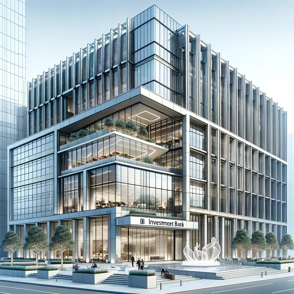 A detailed illustration of a modern investment bank building, showcasing contemporary architecture with sleek glass facades, minimalist design, and a prominent company logo at the entrance. The building is multi-storied with a sophisticated, urban aesthetic, reflecting the dynamic nature of financial markets. The surrounding area features well-maintained landscaping with modern sculptures and seating areas for pedestrians, underlining the bank's focus on professionalism and corporate culture.