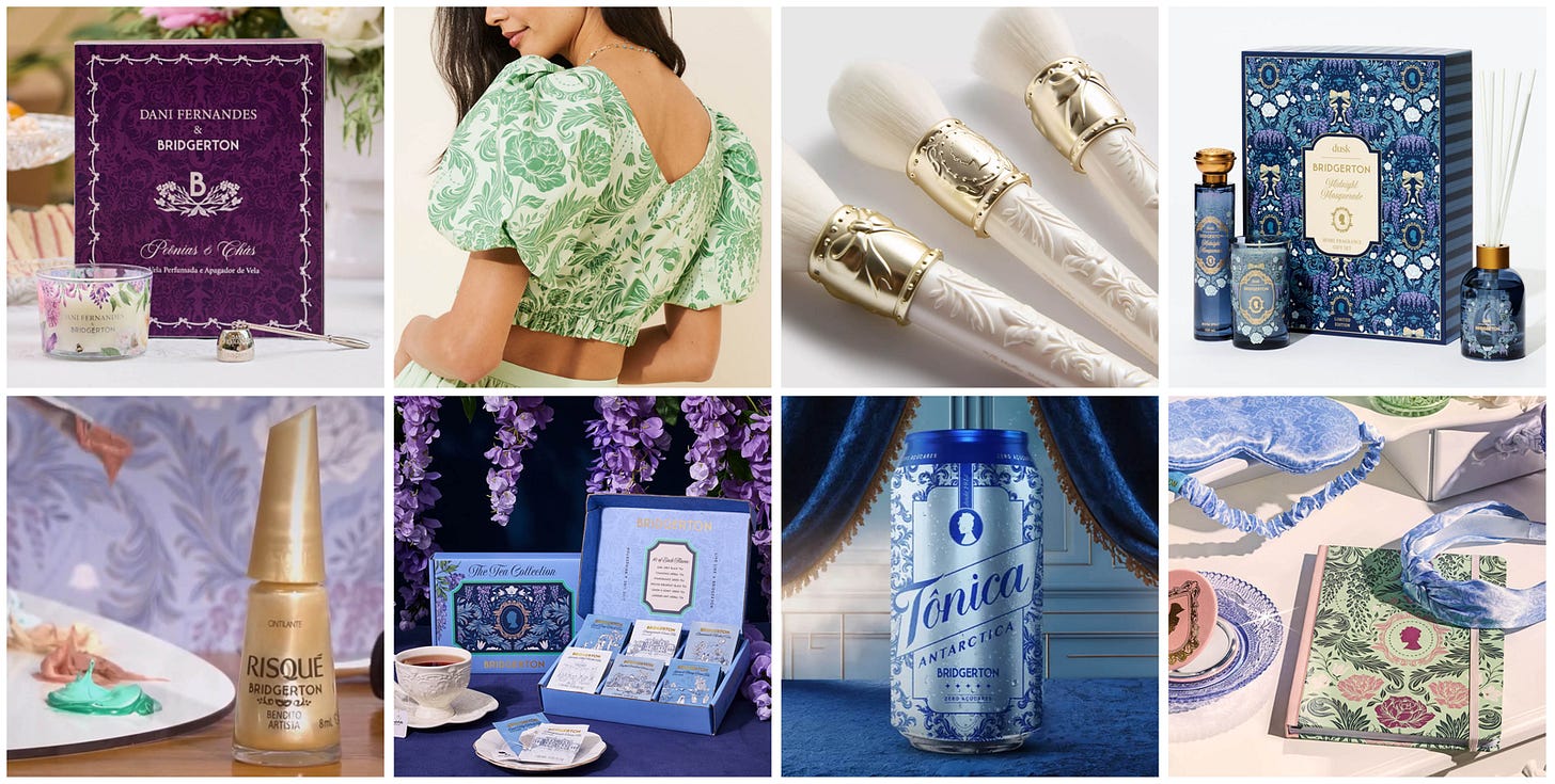 grid showing many brand partnerships who utilized the bridgerton damask pattern, illustrated by artist maggie enterrios