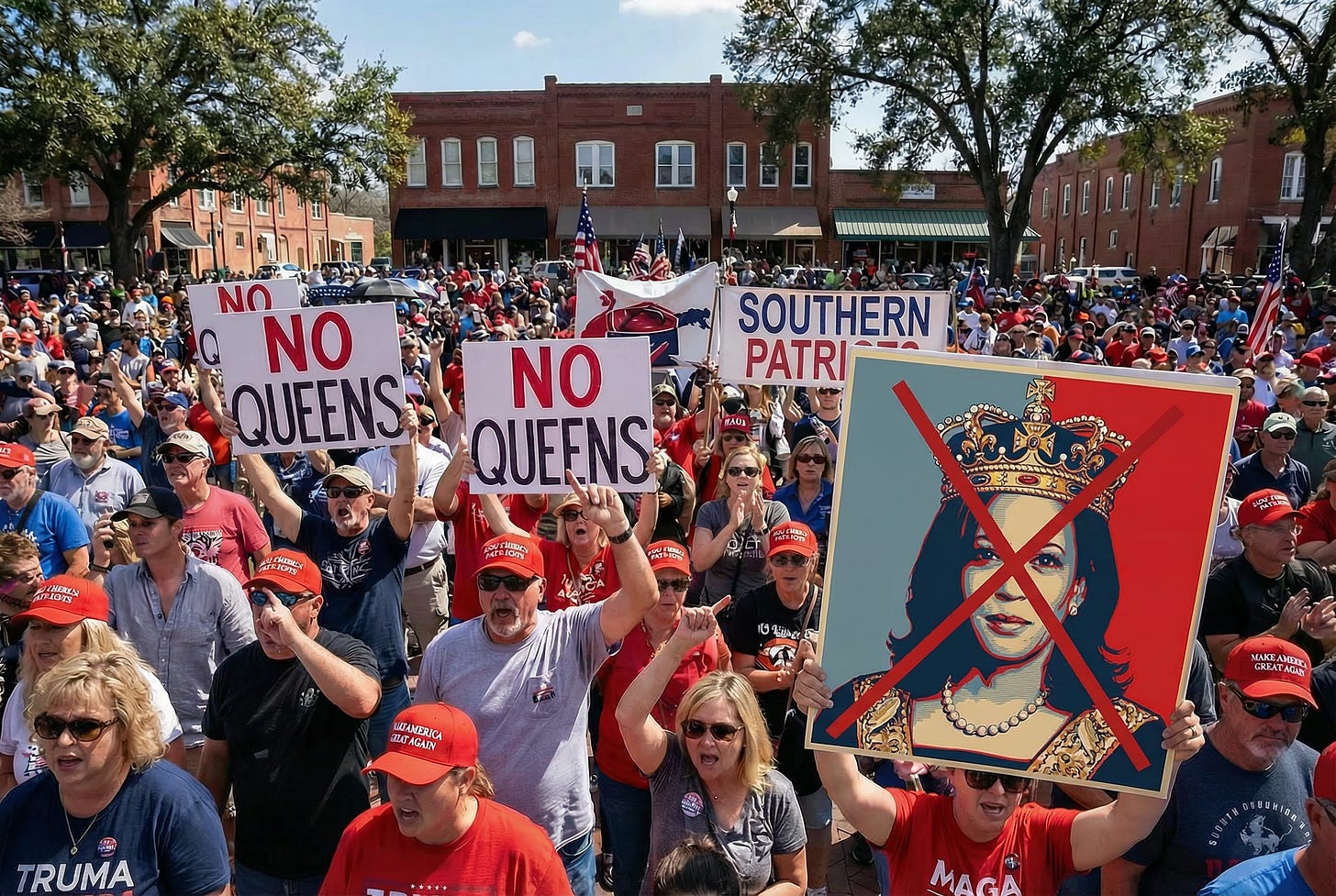 Large outdoor protest with people holding “No Queens” signs in a town square. Large outdoor protest with people holding “No Queens” signs in a town square.