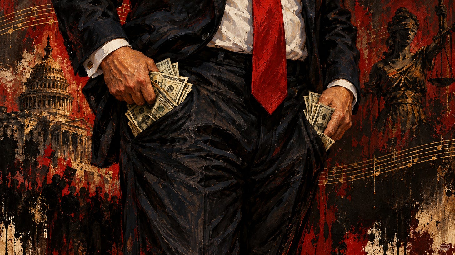 Illustration of Donald Trump stuffing wads of cash into his pockets, set against a gritty red backdrop featuring the U.S. Capitol, protesters, and a statue of Lady Justice.