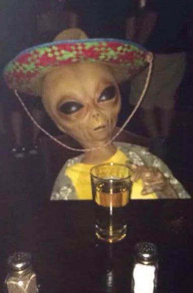 This may contain: an alien doll wearing a sombrero sitting at a table next to a shot glass This may contain: an alien doll wearing a sombrero sitting at a table next to a shot glass