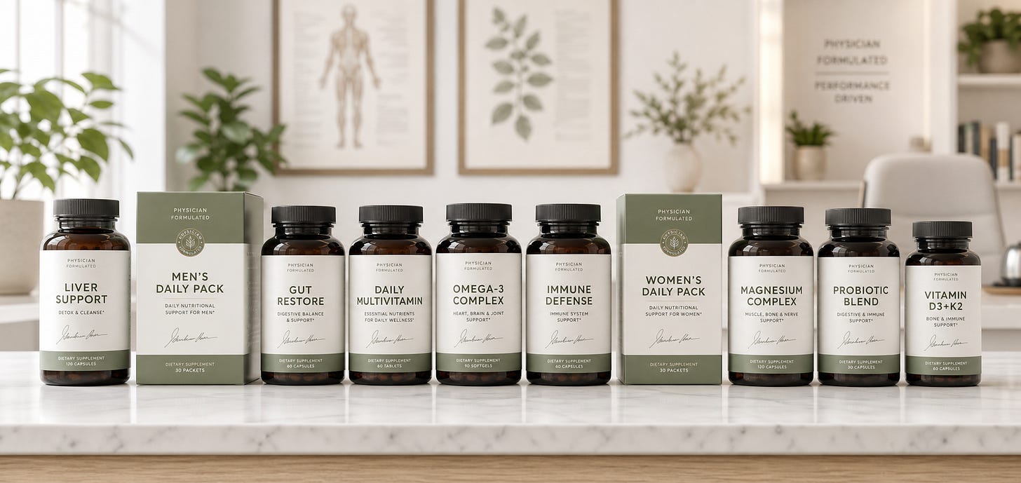 Physician-formulated supplement line displayed in a clean clinic setting Physician-formulated supplement line displayed in a clean clinic setting