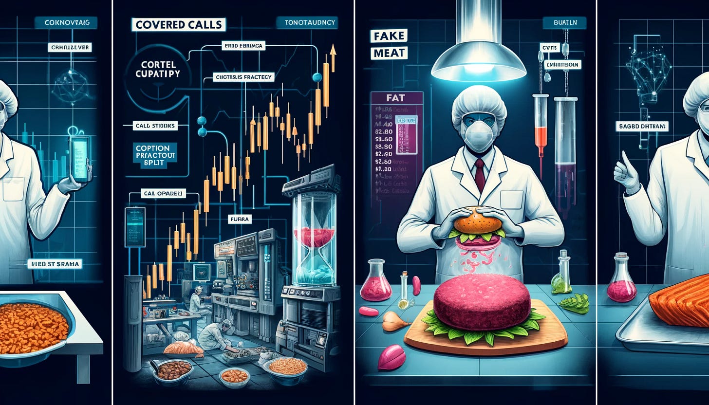 A visually engaging illustration combining concepts of options covered calls and fake meat. On one side, a stock market graph with a bullish trend and annotations explaining covered calls strategy, showing call options and profit potential. On the other side, a futuristic lab kitchen where scientists are creating plant-based meat. A chef is cooking and presenting a fake meat burger, with labels highlighting its plant-based ingredients. The two sides are connected by a flow of money and innovation, symbolizing the financial and technological advancements in these fields.
