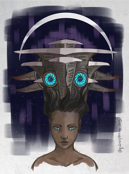 A woman with ship-like hair, glowing blue eyes, against a starry night background. Arc and spirals add a futuristic feel. A woman with ship-like hair, glowing blue eyes, against a starry night background. Arc and spirals add a futuristic feel.