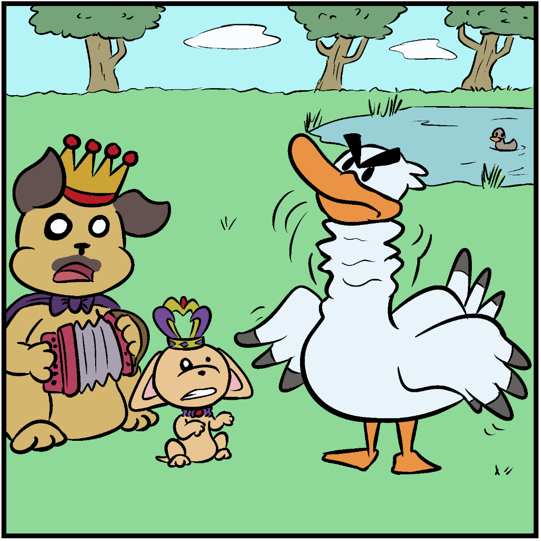 Comic Panel 5: Pug Pup and TeaCup Pup look startled as Grumpy Goose swallows the accordion he had grabbed, which is making his goose neck resemble a squished accordion Comic Panel 5: Pug Pup and TeaCup Pup look startled as Grumpy Goose swallows the accordion he had grabbed, which is making his goose neck resemble a squished accordion