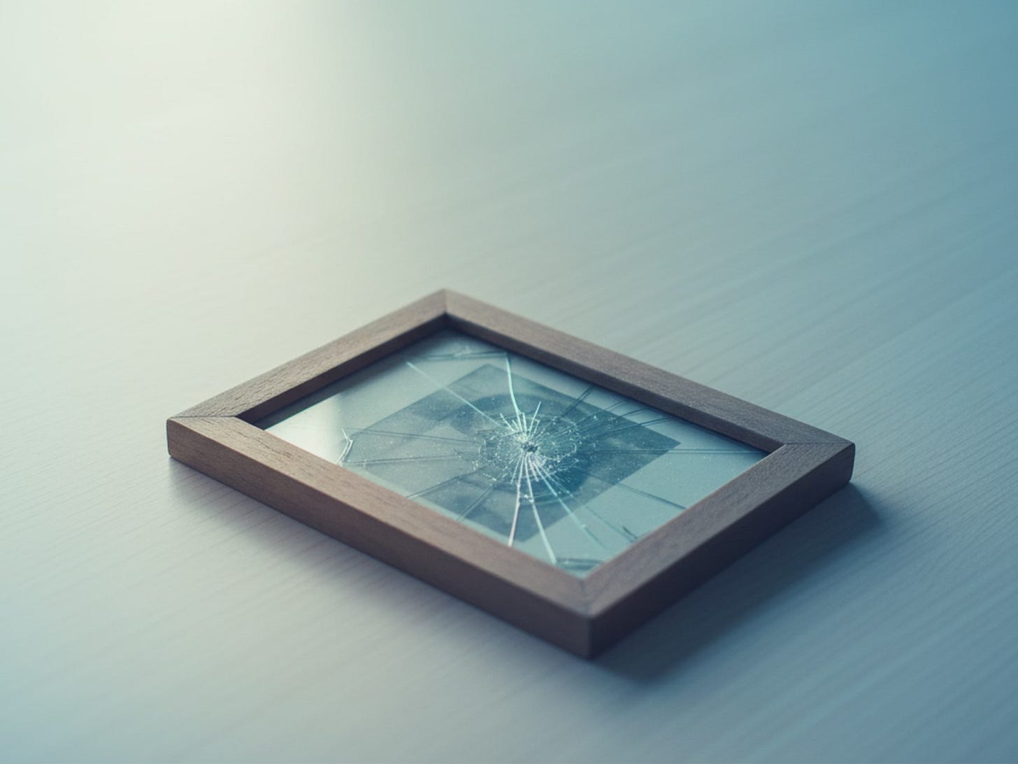 Picture frame with cracked glass lying face-down on wooden table in soft blue-hour light, symbolizing heartbreak and emotional healing Picture frame with cracked glass lying face-down on wooden table in soft blue-hour light, symbolizing heartbreak and emotional healing