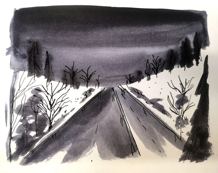 five black ink paintings of rural roads in winter. varying quality.