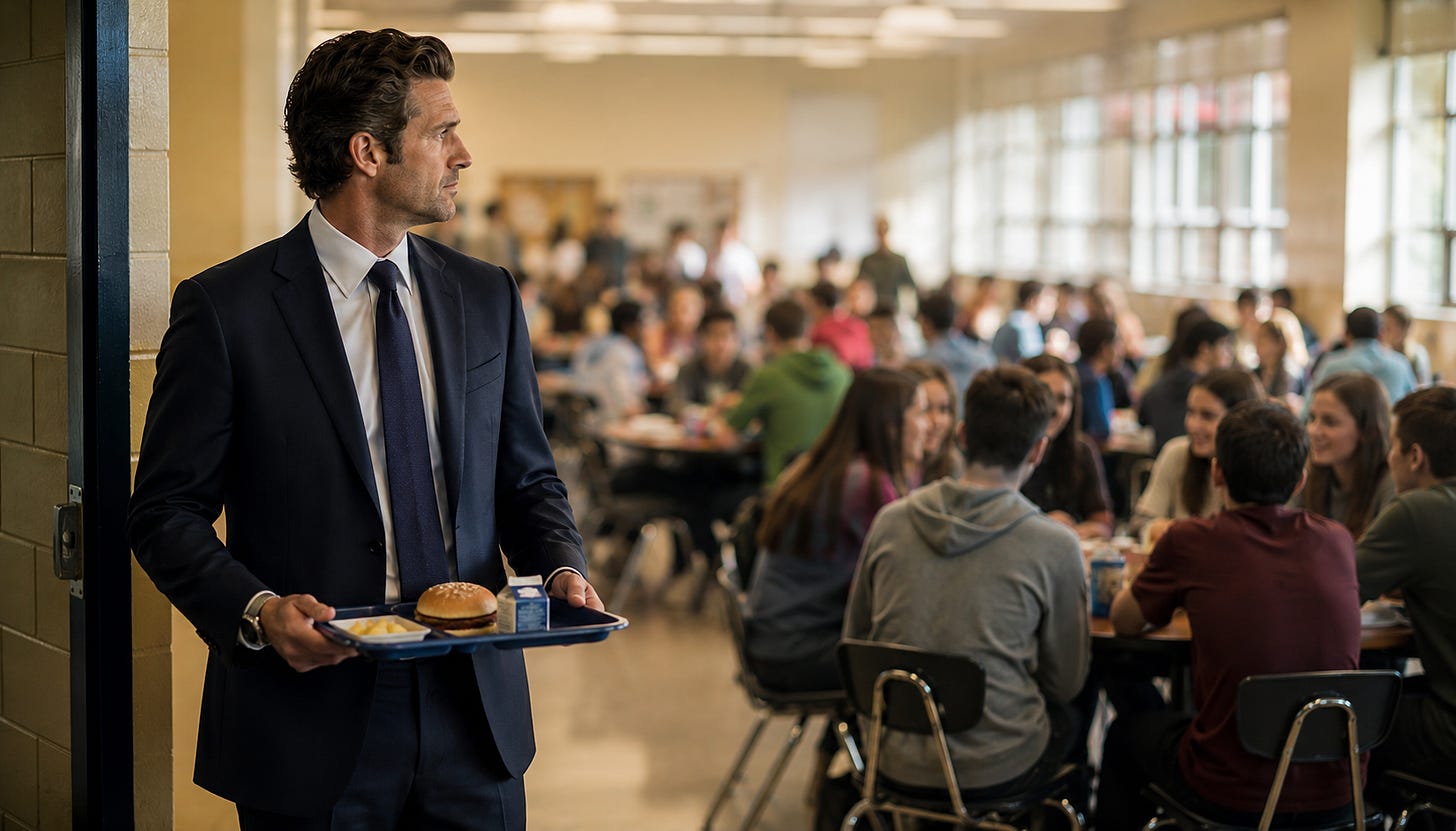 A professionally dressed executive in a navy business suit stands at the entrance of a crowded school cafeteria holding a lunch tray with a hamburger and milk carton. While groups of students sit together at tables engaged in conversation, the man looks across the room with a thoughtful, searching expression. Warm afternoon light streams through large windows, highlighting the contrast between outward success and the universal human desire for belonging. A professionally dressed executive in a navy business suit stands at the entrance of a crowded school cafeteria holding a lunch tray with a hamburger and milk carton. While groups of students sit together at tables engaged in conversation, the man looks across the room with a thoughtful, searching expression. Warm afternoon light streams through large windows, highlighting the contrast between outward success and the universal human desire for belonging.
