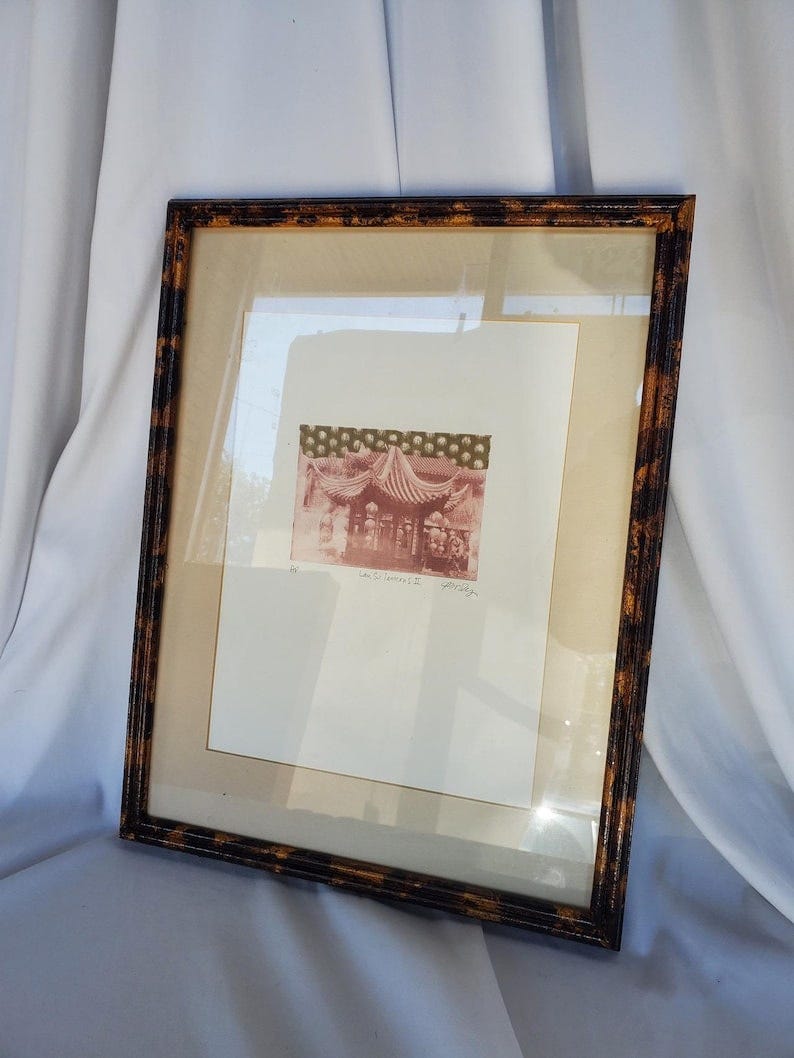 Framed Pagoda Print, vintage with Handpainted frame. image 1