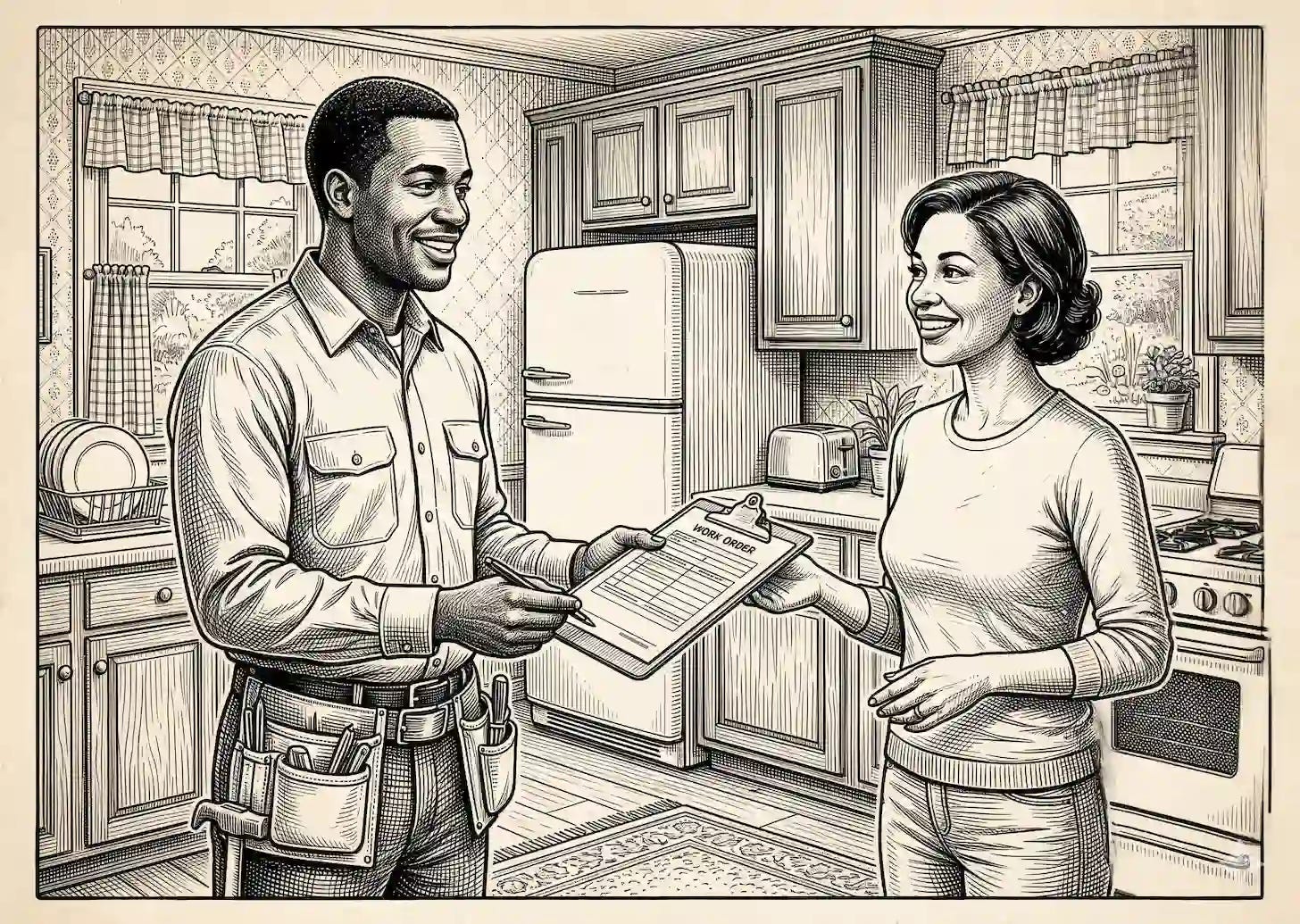 remodeling technician reviews work order with female homeowner remodeling technician reviews work order with female homeowner