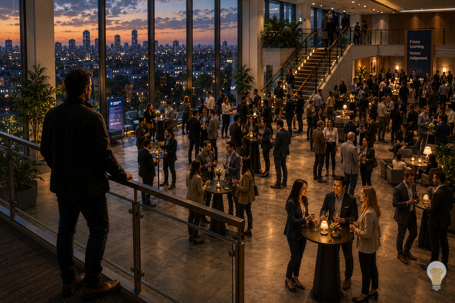 Introverted professional observing a busy networking event from a balcony, illustrating selective attention and relationship building for introverts.