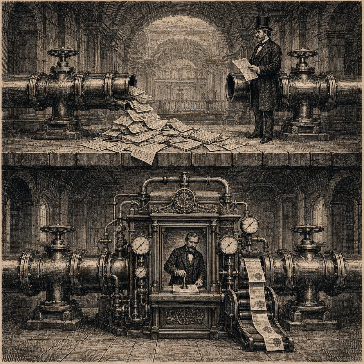 Wood-engraving editorial illustration in the Thomas Nast Harper's Weekly style for Attention Capital's essay The Pipes Aren't Built Yet. A square composition split horizontally compares two pipeline systems. The lower half shows music's collection layer: a cast-iron pipeline routing cash flow through a central intermediary apparatus where a neutral auditor stamps sealed reports for the receiving banker. The upper half shows attention's incomplete pipeline: the same flow, but with the central intermediary missing, reports spilling out of open pipe ends, and the banker on the receiving side holding a term sheet he cannot fulfill. The image visualizes the structural defect at the heart of the essay: attention-backed credit has the cash flow and the platform data, but the neutral credit-side audit intermediary that would make the cash flow legible as collateral does not yet exist. Keywords: credit collection layer, attention-backed credit, methodology gap, rated ABS infrastructure, neutral audit intermediary. Wood-engraving editorial illustration in the Thomas Nast Harper's Weekly style for Attention Capital's essay The Pipes Aren't Built Yet. A square composition split horizontally compares two pipeline systems. The lower half shows music's collection layer: a cast-iron pipeline routing cash flow through a central intermediary apparatus where a neutral auditor stamps sealed reports for the receiving banker. The upper half shows attention's incomplete pipeline: the same flow, but with the central intermediary missing, reports spilling out of open pipe ends, and the banker on the receiving side holding a term sheet he cannot fulfill. The image visualizes the structural defect at the heart of the essay: attention-backed credit has the cash flow and the platform data, but the neutral credit-side audit intermediary that would make the cash flow legible as collateral does not yet exist. Keywords: credit collection layer, attention-backed credit, methodology gap, rated ABS infrastructure, neutral audit intermediary.