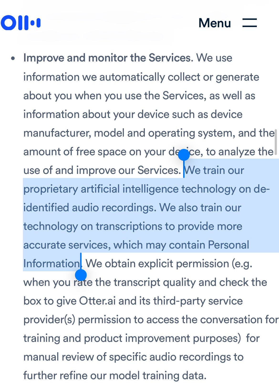 Screenshot of Otter.ai’s privacy policy showing a highlighted paragraph about using de-identified audio recordings and transcriptions to train its AI, which may include personal information. The text also notes that explicit user permission is obtained for some data use, raising questions about how clearly this is communicated.