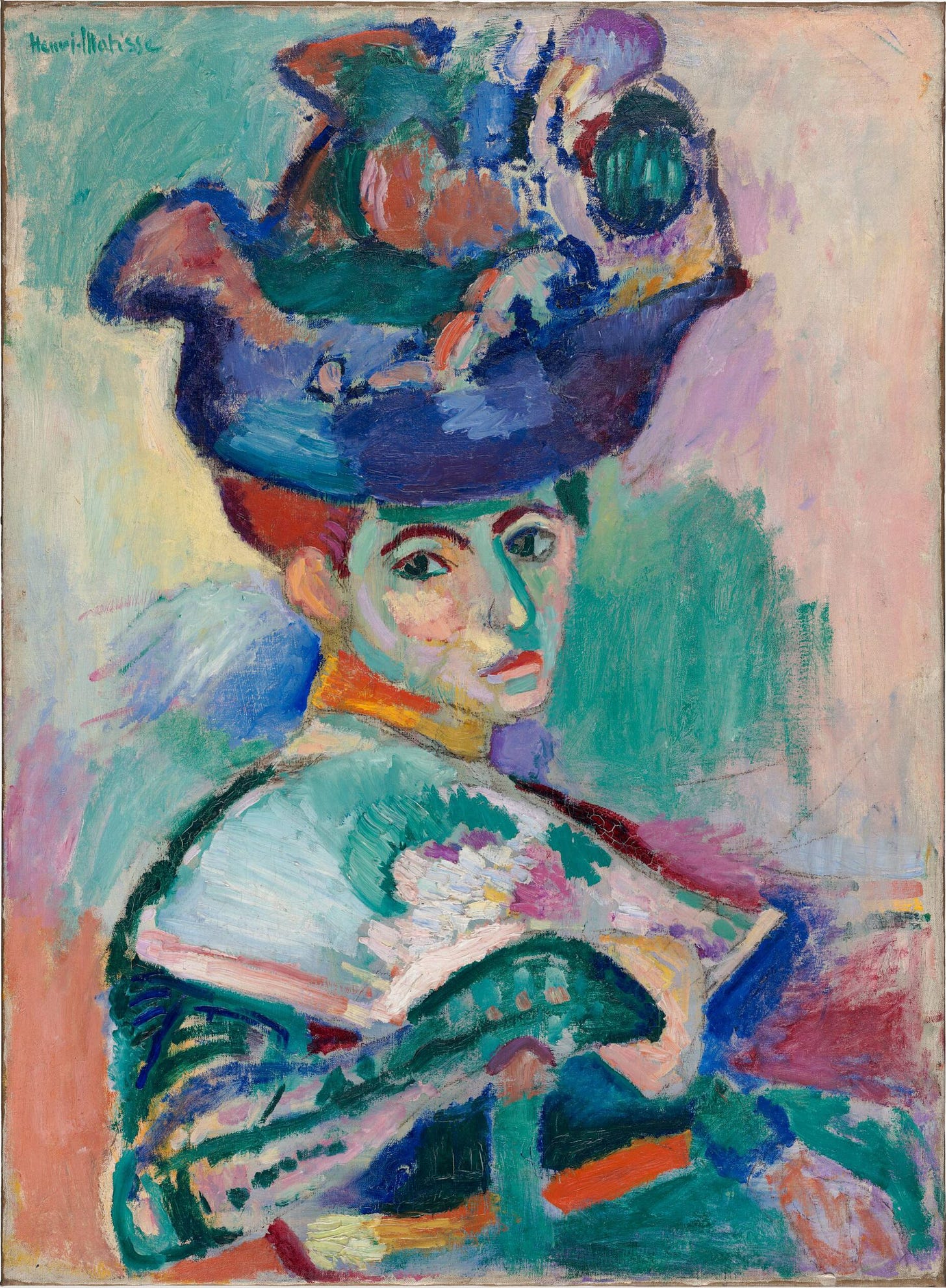Matisse portrait of a woman in a large hat, painted in bold non naturalistic color Matisse portrait of a woman in a large hat, painted in bold non naturalistic color