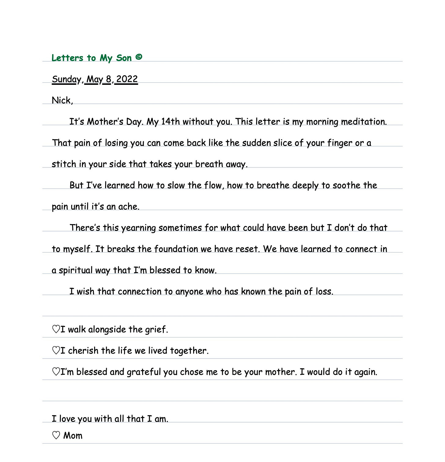 Letters to My Son on lined paper