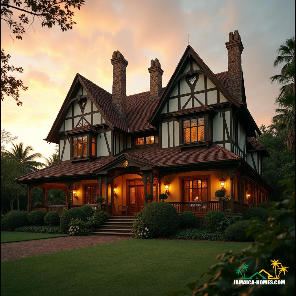 A majestic Tudor-style mansion in Jamaica, with steeply pitched gable roofs, half-timbering, and tall narrow windows with diamond-shaped panes, set against a lush tropical backdrop