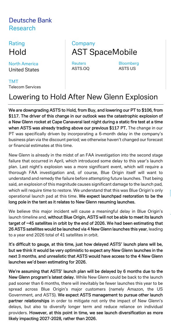 德意志銀行 ASTS 降評報告首頁