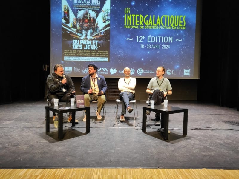 Dany, Marc Ang-Cho, Roland Lehoucq et moi sur la scène des Intergalactiques de Lyon