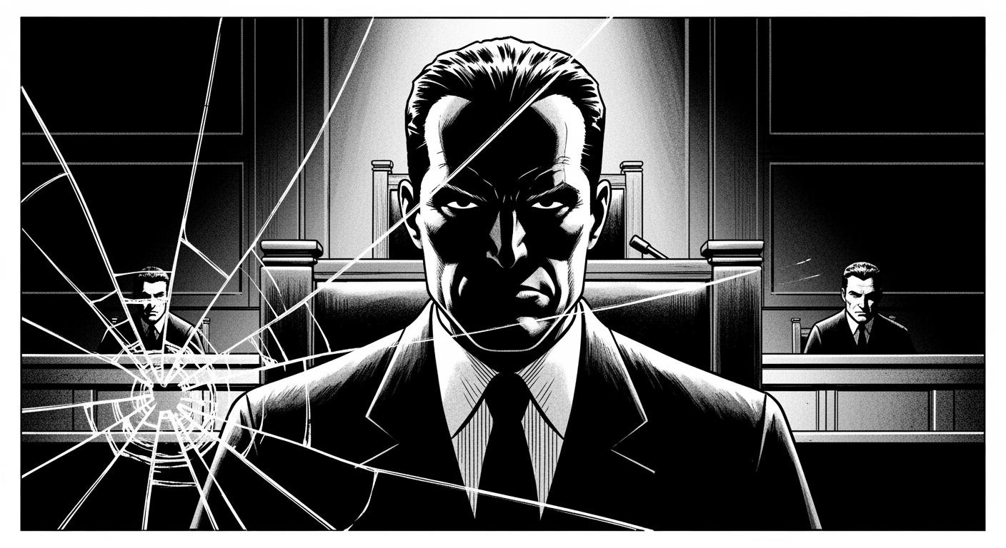 Frank Miller style Lawyer in witness stand dramatic low angle shot heavy shadows across face courtroom in darkness shattered glass effect overlay high contrast noir graphic novel panel_image_1